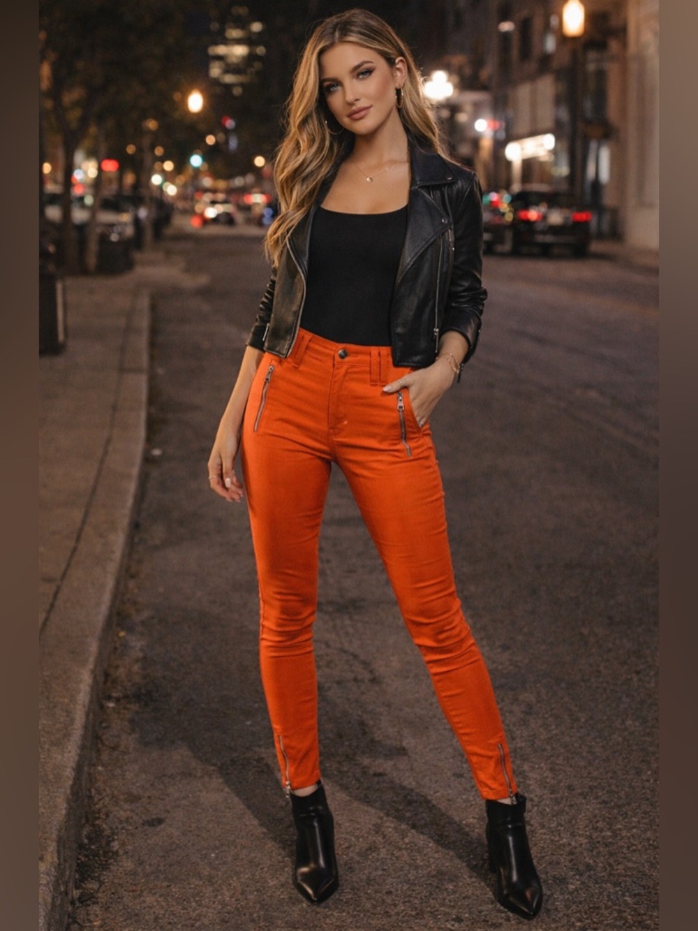 Orange Moto Zip Skinny Pants High Rise Stretch Statement Baddie 29